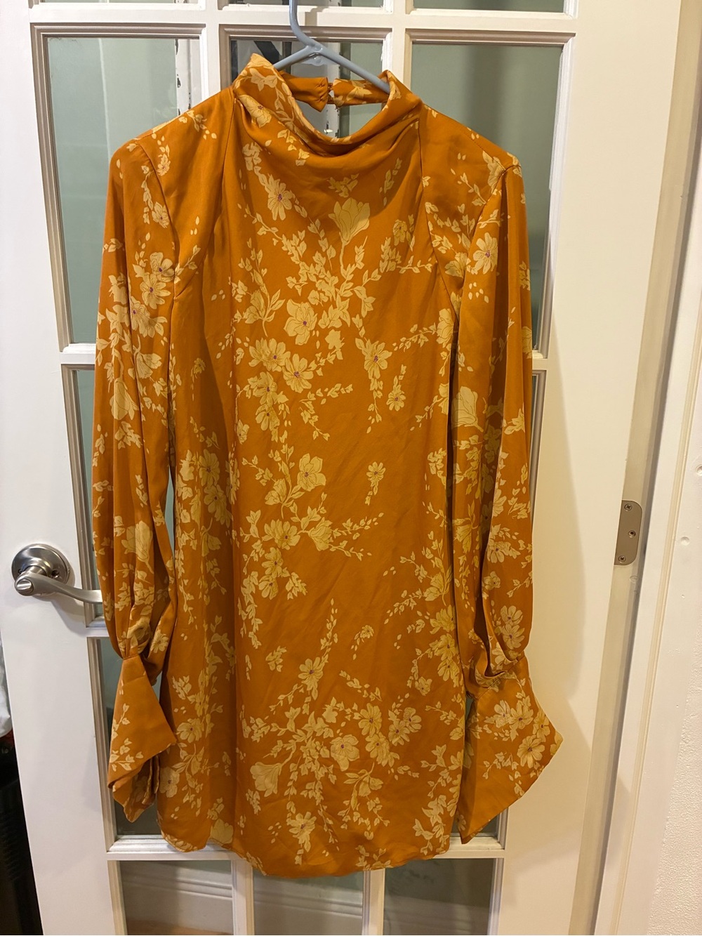 Women's Free People Mustard Floral Long-Sleeve Dress with High Neck Sz M